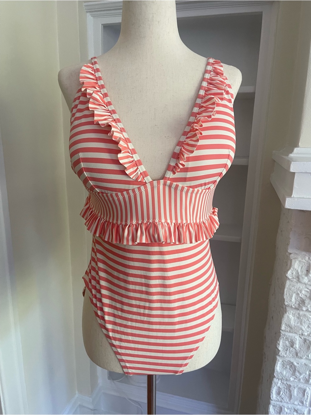 J. Crew Pink and White Striped Ruffle One-Piece Swimsuit